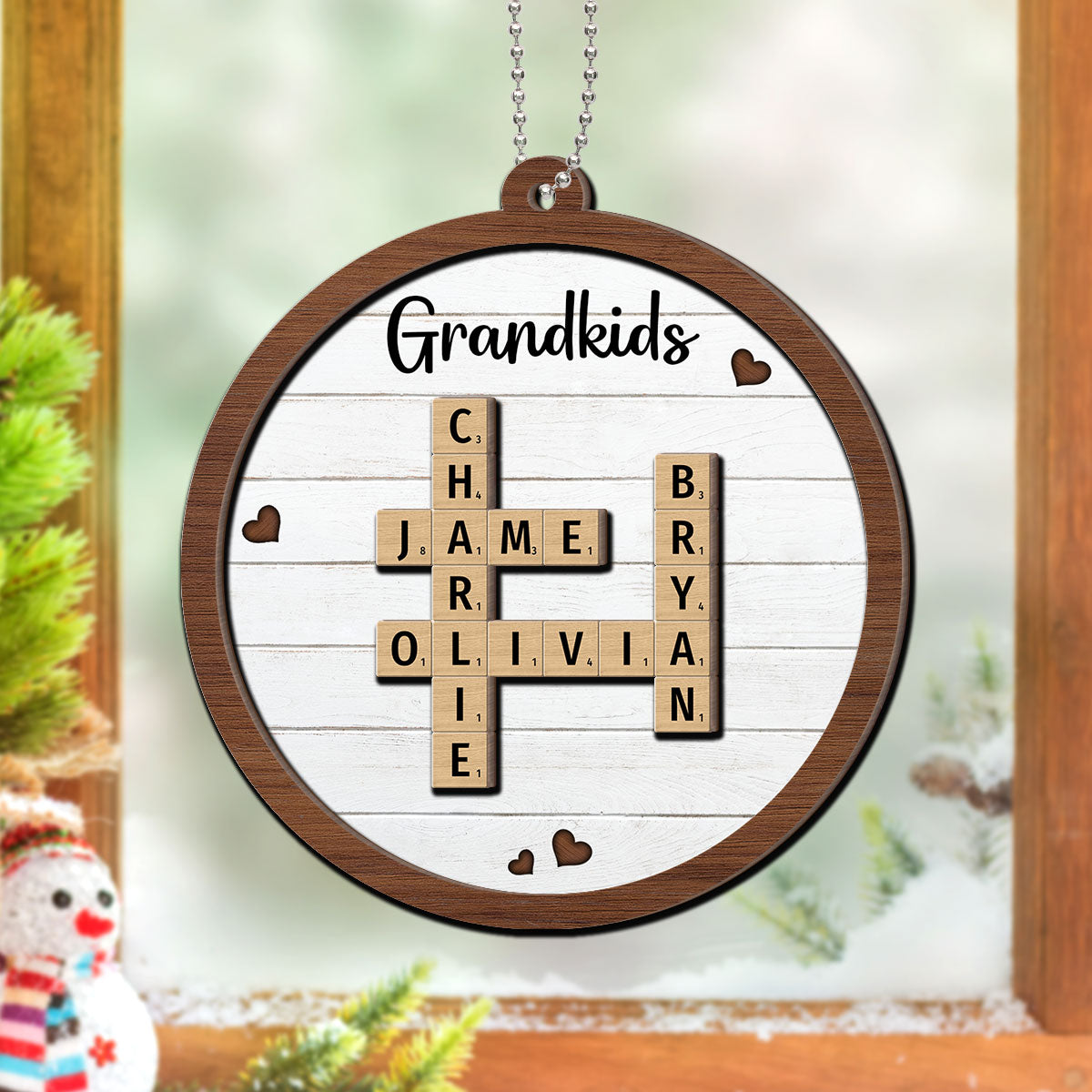 Grandkids Crossword Puzzle Art - Personalized 2-Layered Wooden Ornament - Christmas Gift For Mom, Gift For Grandma