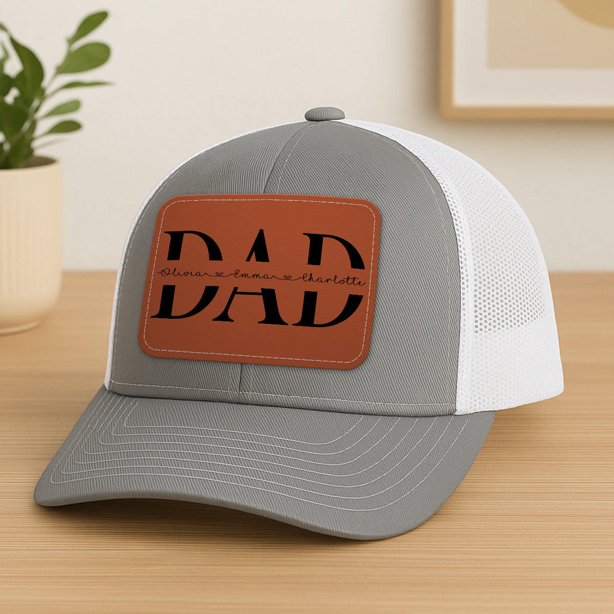 Custom Kids Name Personalized Dad Gift, Leather Patch Hat, Dad and Kids Trucker Hat, Father's Day Gift for Dad, Grandpa
