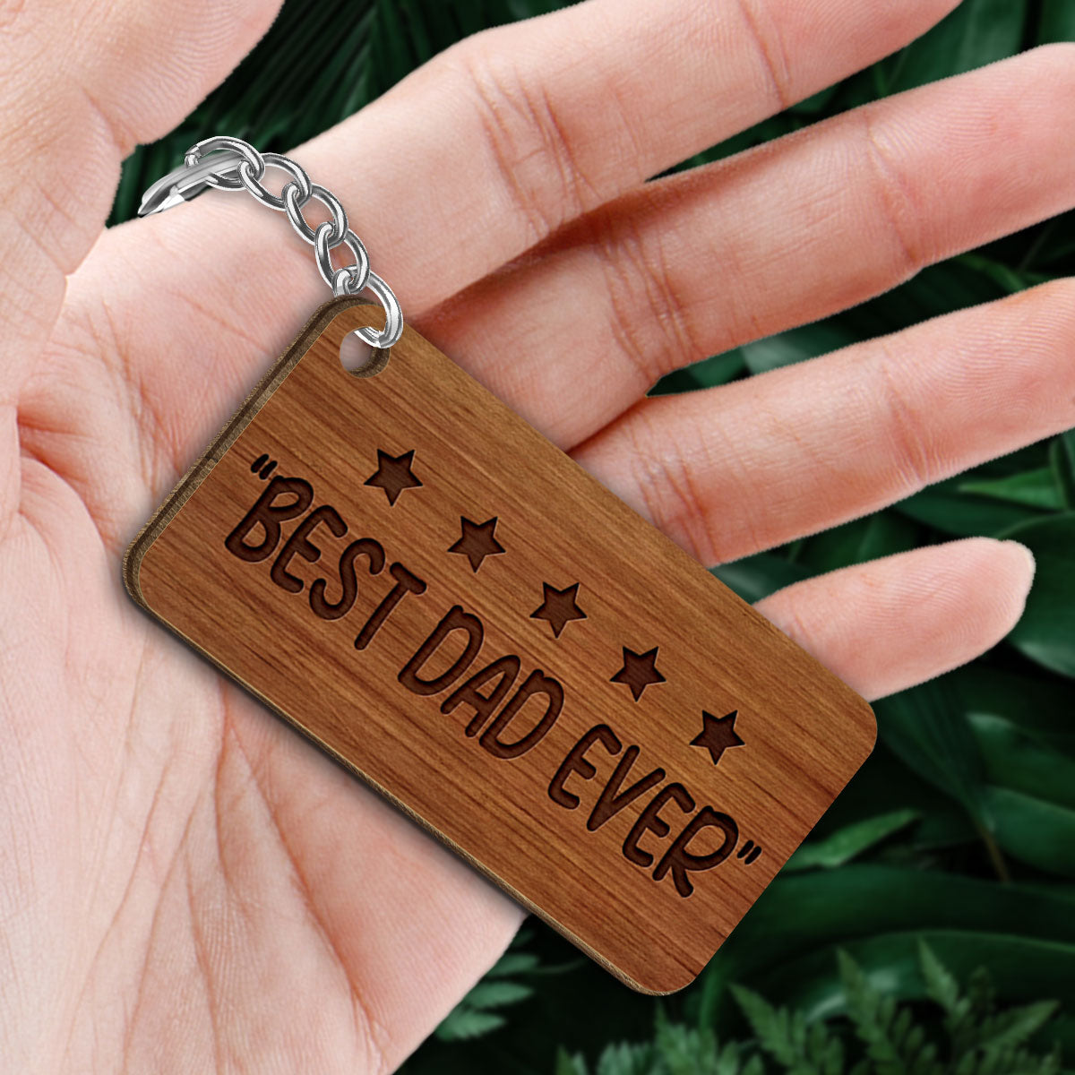 Five-star Dad Grandpa Back View Sitting Man Kid Dog Cat Personalized Wooden Keychain