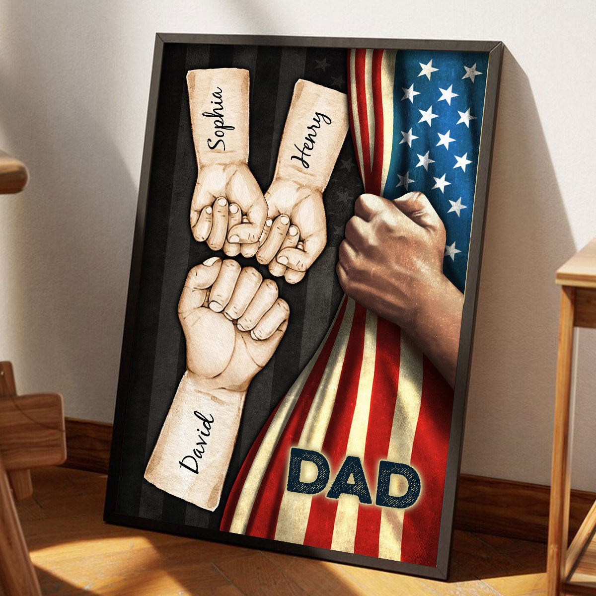 Grandpa Dad Fist Bump Hand Pulling American Flag Personalized Poster, Father's Day Gift for Dad, for Grandpa, for Husband