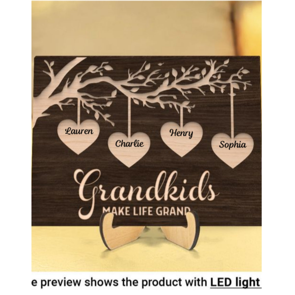 Grandkids Make Life Grandma Engraved Tree With Hearts Personalized 2-Layer Wooden Plaque With LED