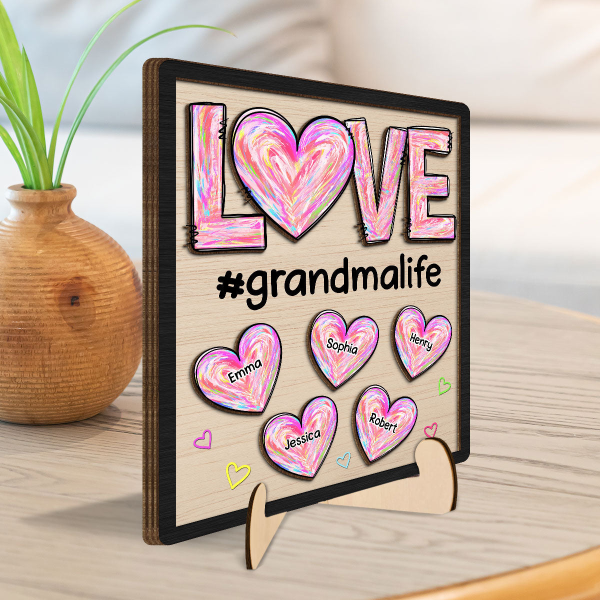 Grandma Mom Sweet Pink Hearts Personalized 2-layer Wooden Plaque