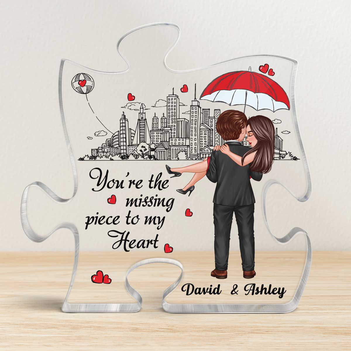 Embracing Hugging Doll Couple Outline Background Personalized Puzzle Acrylic Plaque