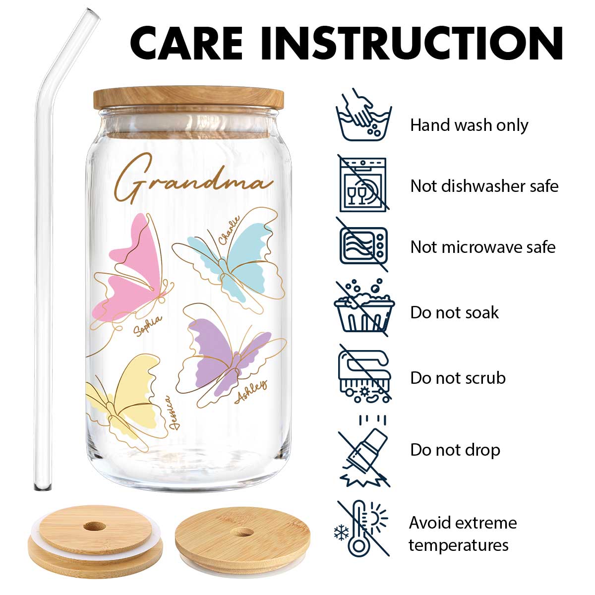 Grandma Mom Auntie Butterflies Kids Names Personalized Clear Glass Can