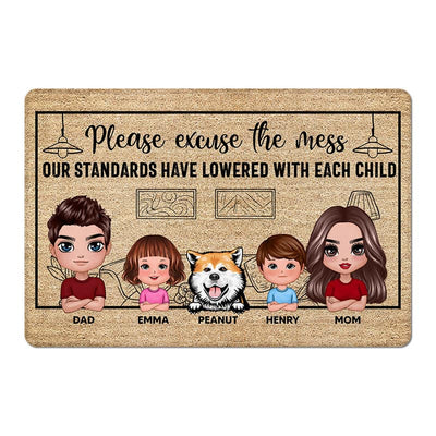Please Excuse The Mess Funny Family Kid Dog Cat Personalized Doormat
