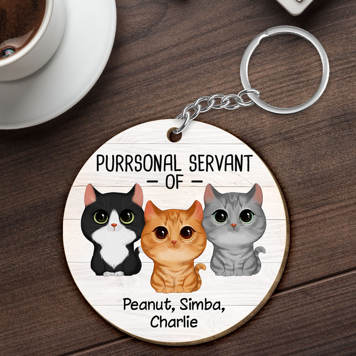 Purrsonal Servant Of Watercolor Cute Cats Personalized Wooden Keychain