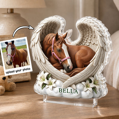 Custom Horse Angel Wings Statue - Personalized Acrylic Block Plaque - Heartfelt Pet Memorial Gift