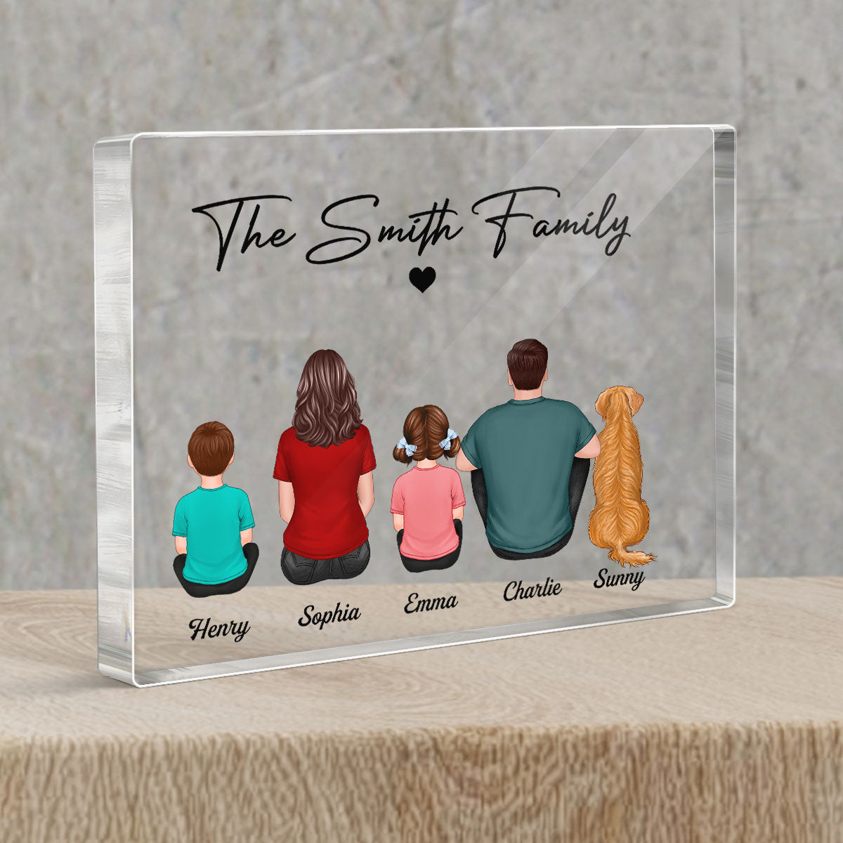Family Sitting Back View Couple Kids Dogs Cats Personalized Horizontal Rectangle Acrylic Block Plaque