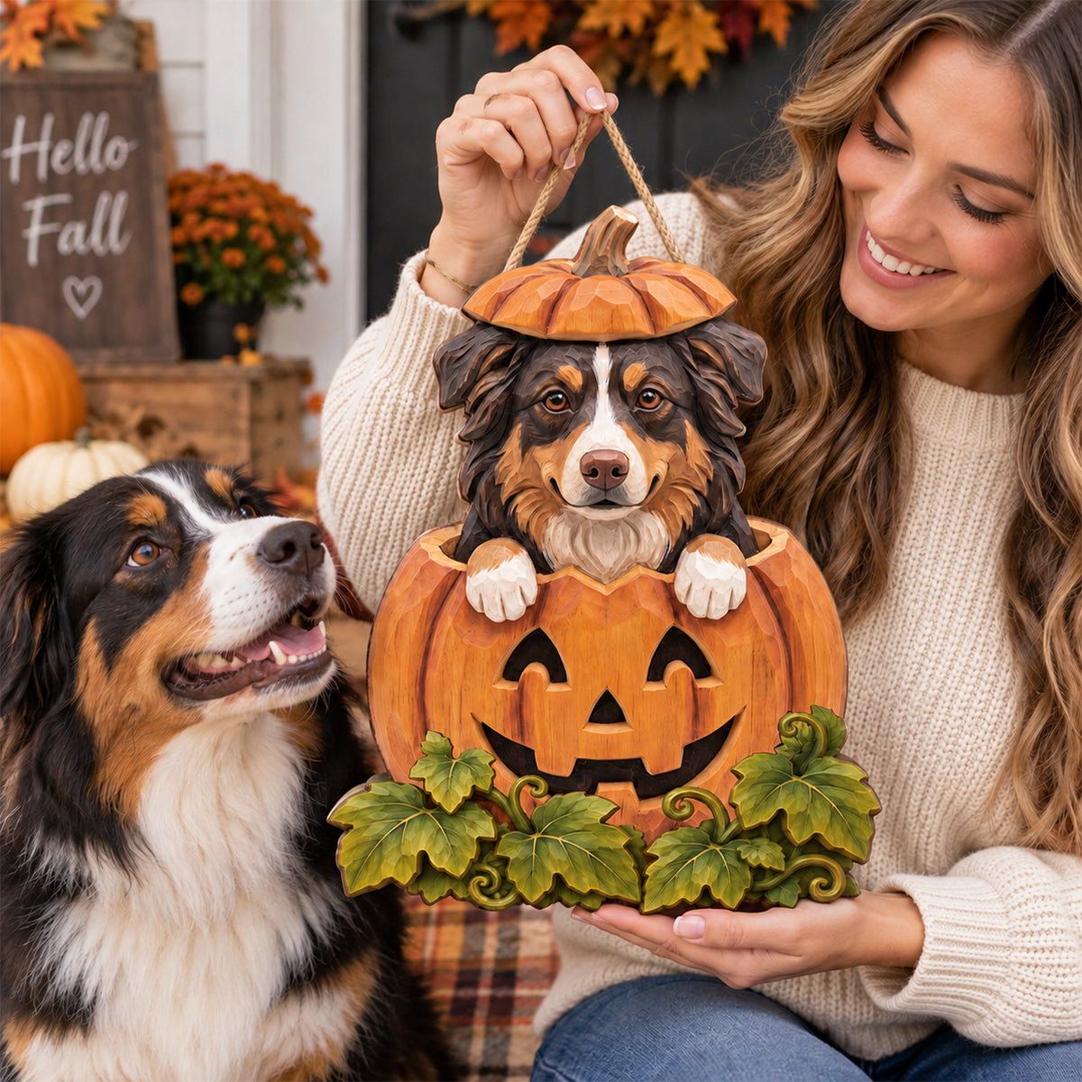 Custom Dog Cat Pumpkin Art - Personalized Wooden Door Sign - Pet Halloween Fall Decor