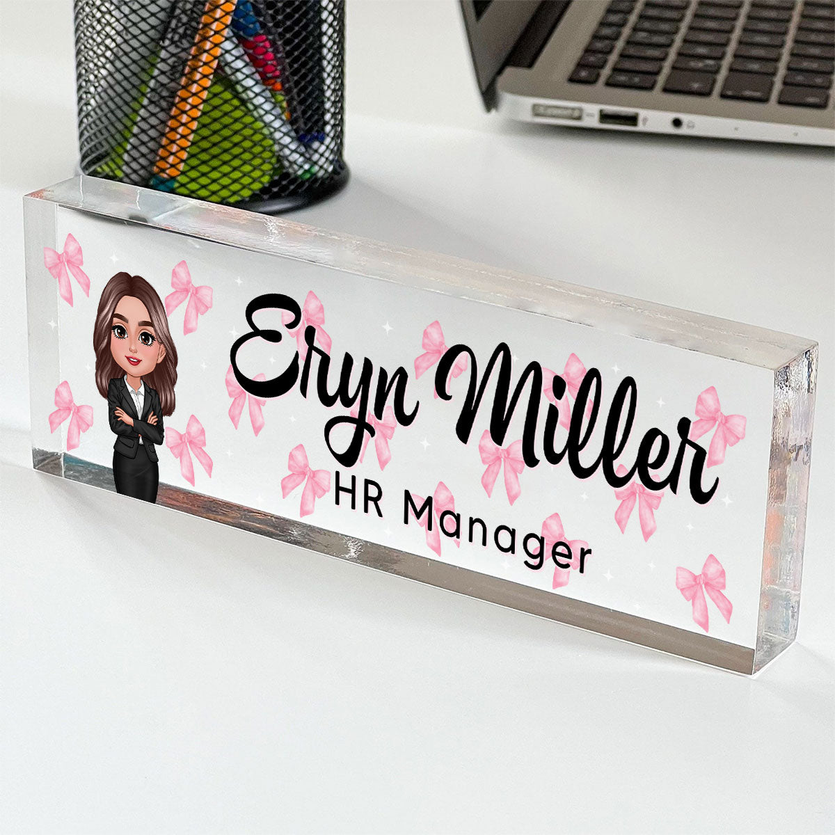 Coquette Woman Office Personalized Acrylic Desk Name Plate, Office Desk Decor, Gift For Colleagues, Coworkers, Boss