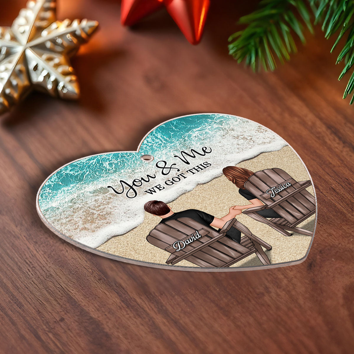 Couple We Got This Beach Landscape Personalized Heart Shaped Acrylic Ornament, Christmas Gift For Wife Husband