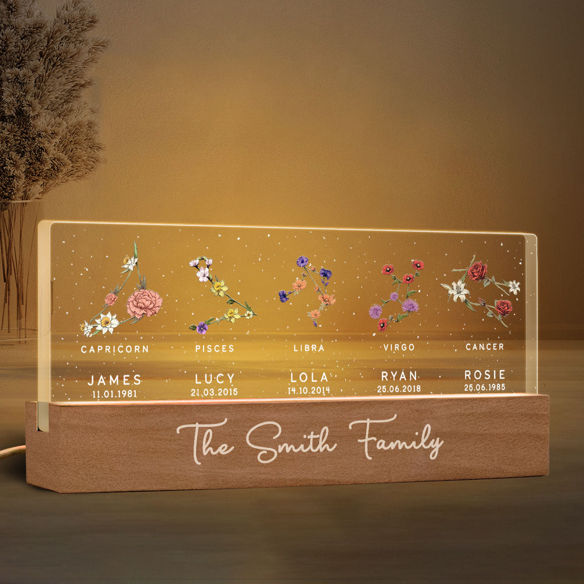 Family Zodiac Sign Birth Month Flowers Personalized Acrylic LED Night Light