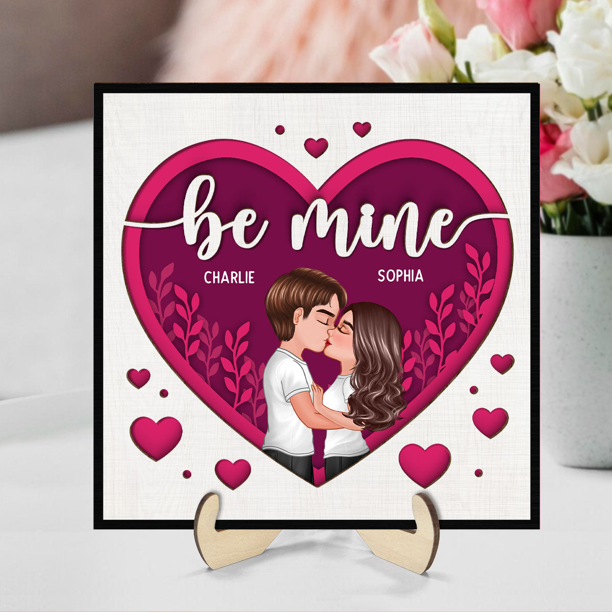 Pink Heart Couple Kissing Valentine‘s Day Gift For Him For Her Personalized 2-Layer Wooden Plaque