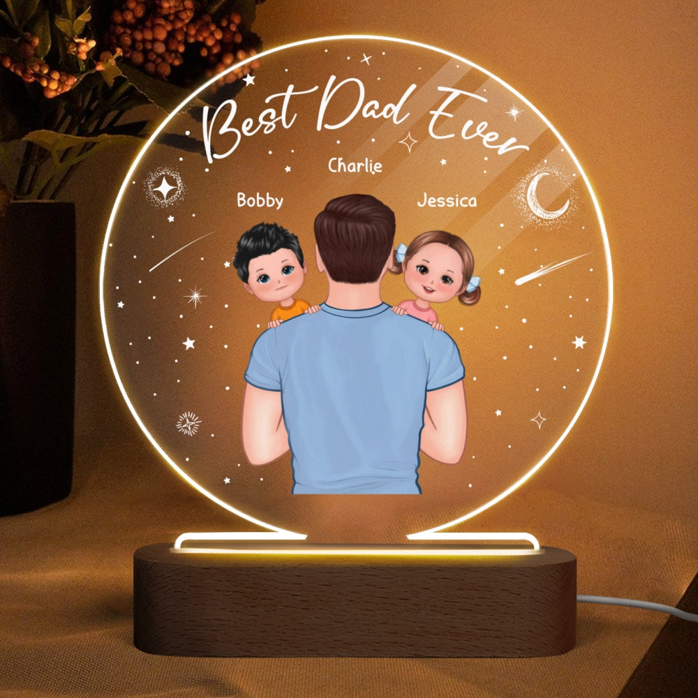 Dad Carrying Kids On Shoulder Personalized Circle LED Night Light