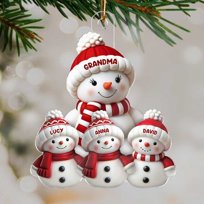 3D Effect Cute Snowman Grandma & Grandkids - Personalized Acrylic Ornament - Christmas Decor For Family, Grandma