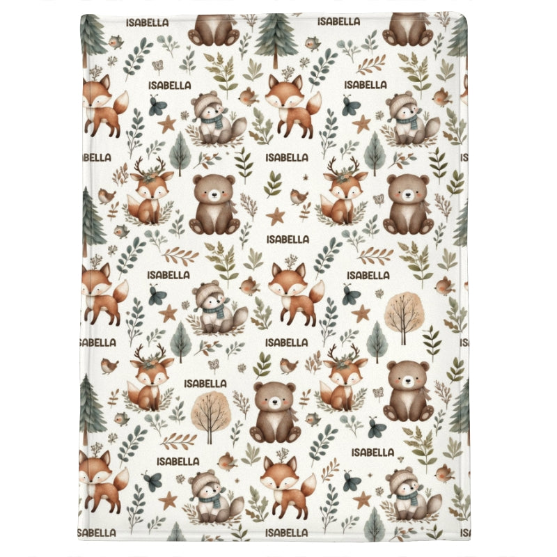 Woodland Animal Print Custom Baby Name - Personalized Fleece Blanket - Nursery Woodland Animal Theme For Baby