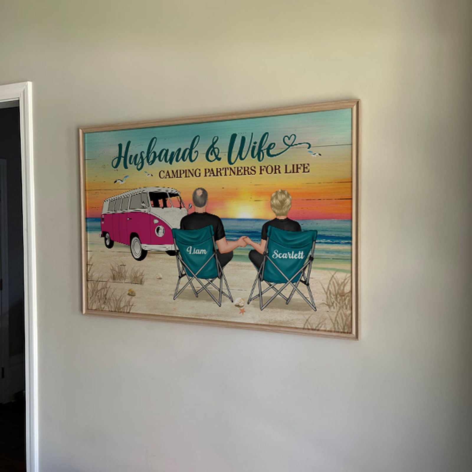 Back View Couple Camping Beach Landscape Personalized Horizontal Poster