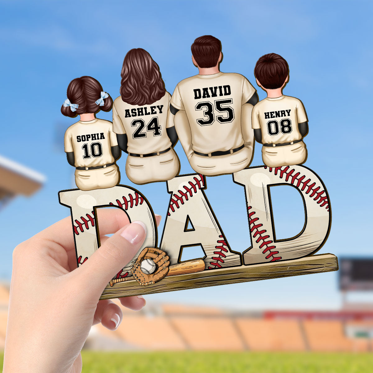 Baseball Dad Family Sitting Back View Personalized Standing Wooden Plaque, Father's Day Gift for Dad, for Grandpa, for Husband