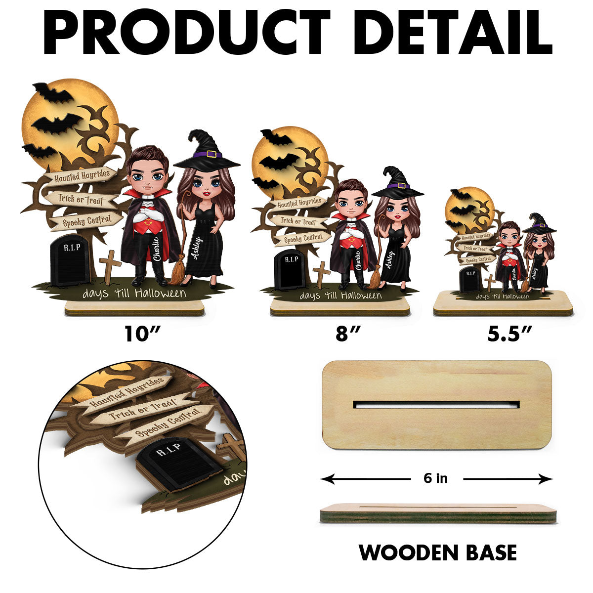 Couple Halloween Countdown Moon Bat Tree Personalized 2-Layer Standing Wooden Plaque