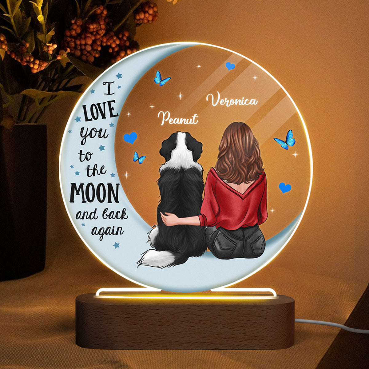 Dog Mom Blue Moon Personalized Circle Plaque LED Night Light - Acrylic LED Lamp - Valentine‘s Day Gift For Him, Gift For Her