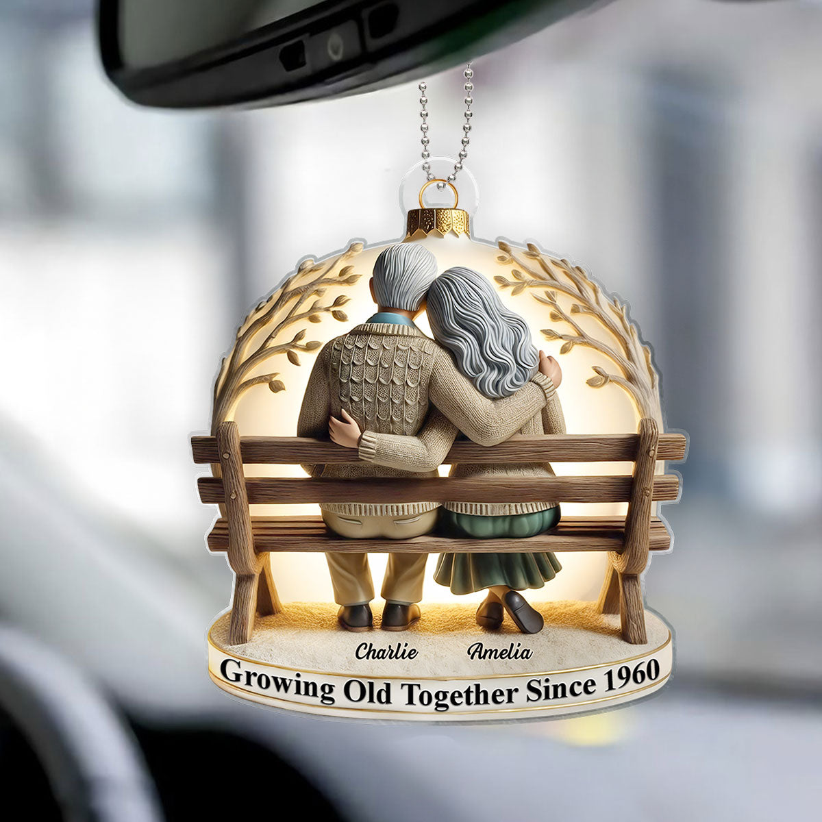 3D Effect Old Couple Sitting On Bench Together Personalized Car Hanger Ornament, Heartfelt Gift For Couple, For Him, For Her, Husband, Wife
