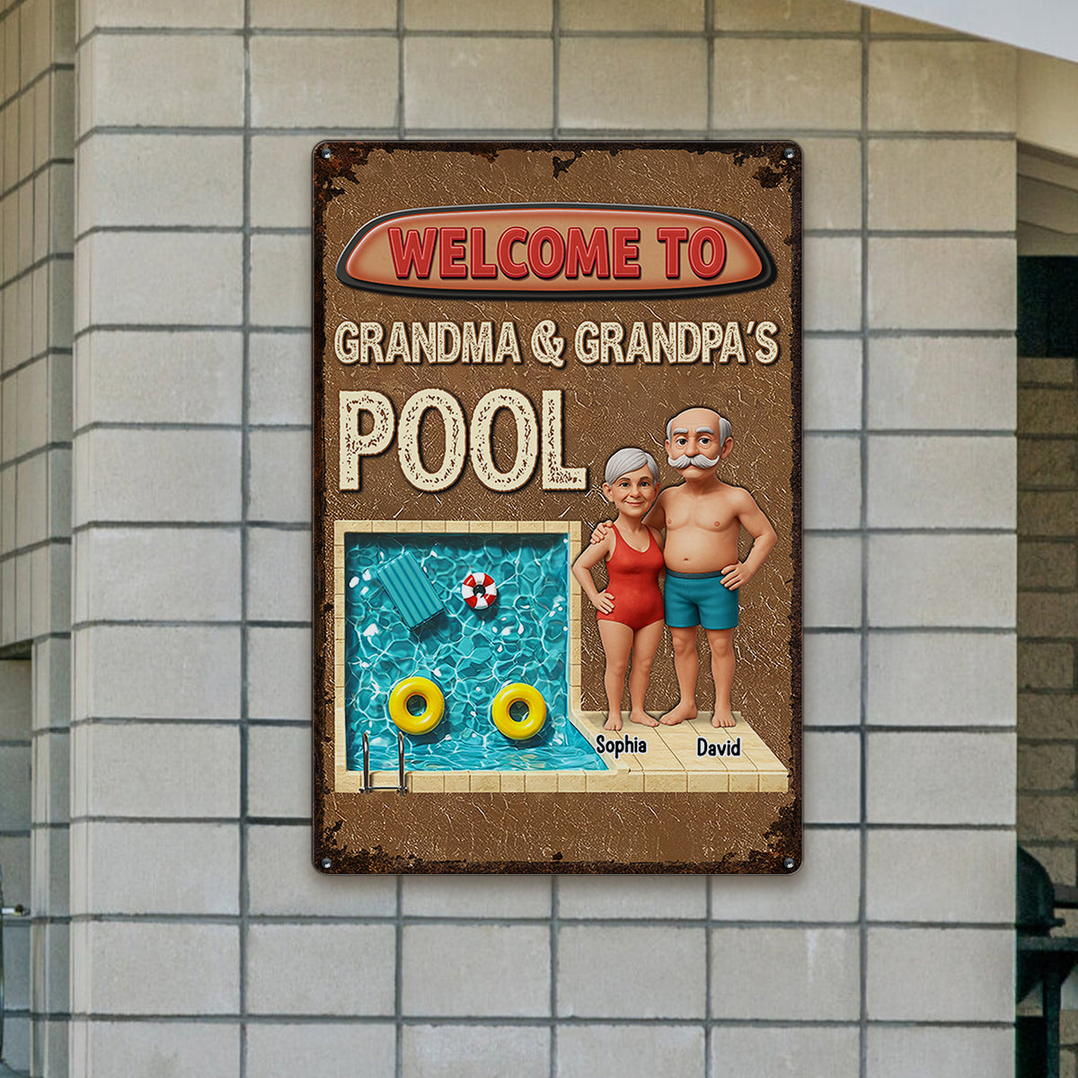 3D Effect Welcome To Grandma Grandpa Pool Personalized Metal Sign