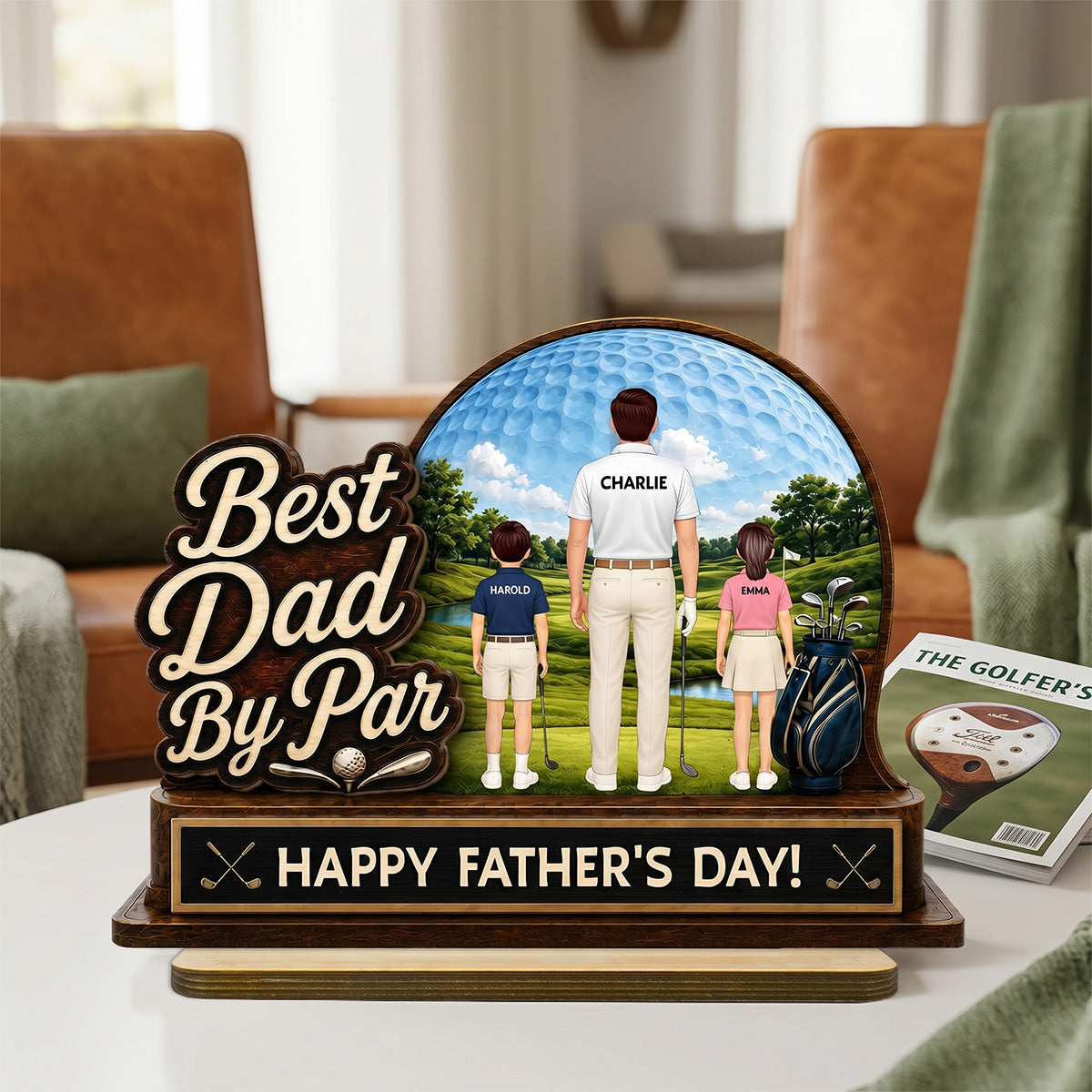 Best Dad By Par Custom Man & Kids Back View - Personalized 2-Layered Wooden Plaque - Father's Day Gift For Golf Dad