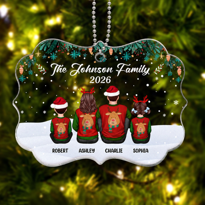 Green Snowflake Family Sitting Back View Personalized Acrylic Ornament