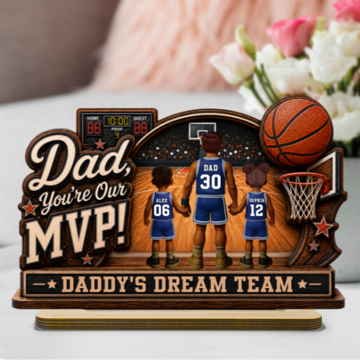 Dad You Are Our MVP Standing Basketball Man & Kids 2D Flat - Personalized 2-Layered Wooden Plaque - Father's Day Gift For Basketball Dad