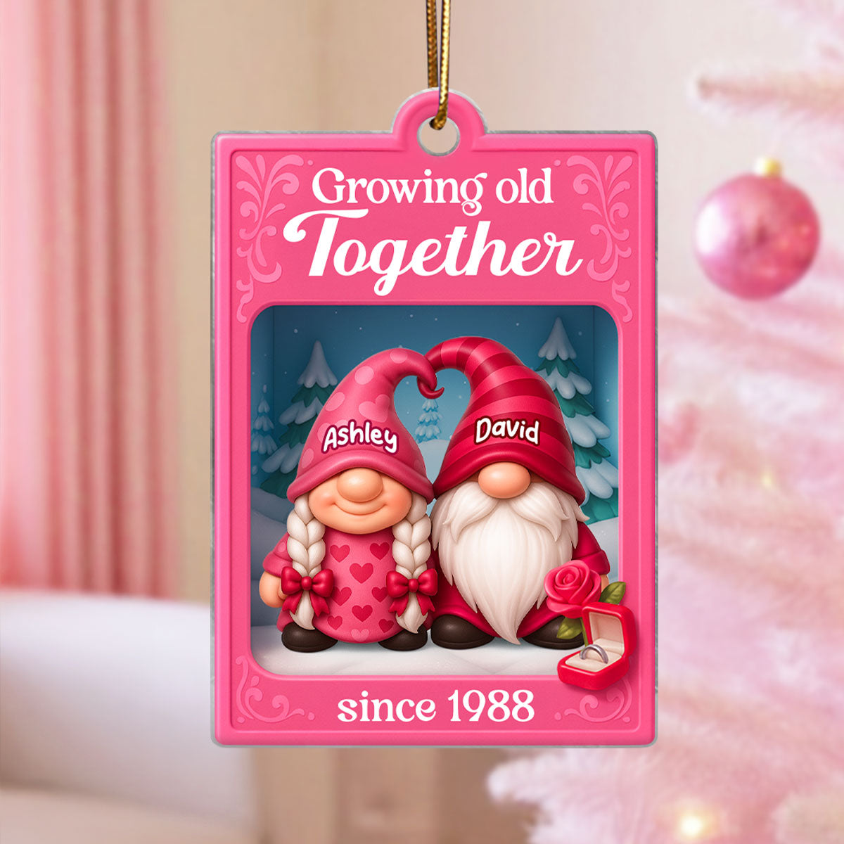 Growing Old Together Pink Gnome Couples Action Figure - Personalized Acrylic Ornament - Unique Christmas Gift For Old Couples, For Wife, For Husband