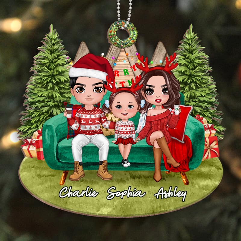 Christmas Family On Sofa Outdoor Personalized Wooden Ornament