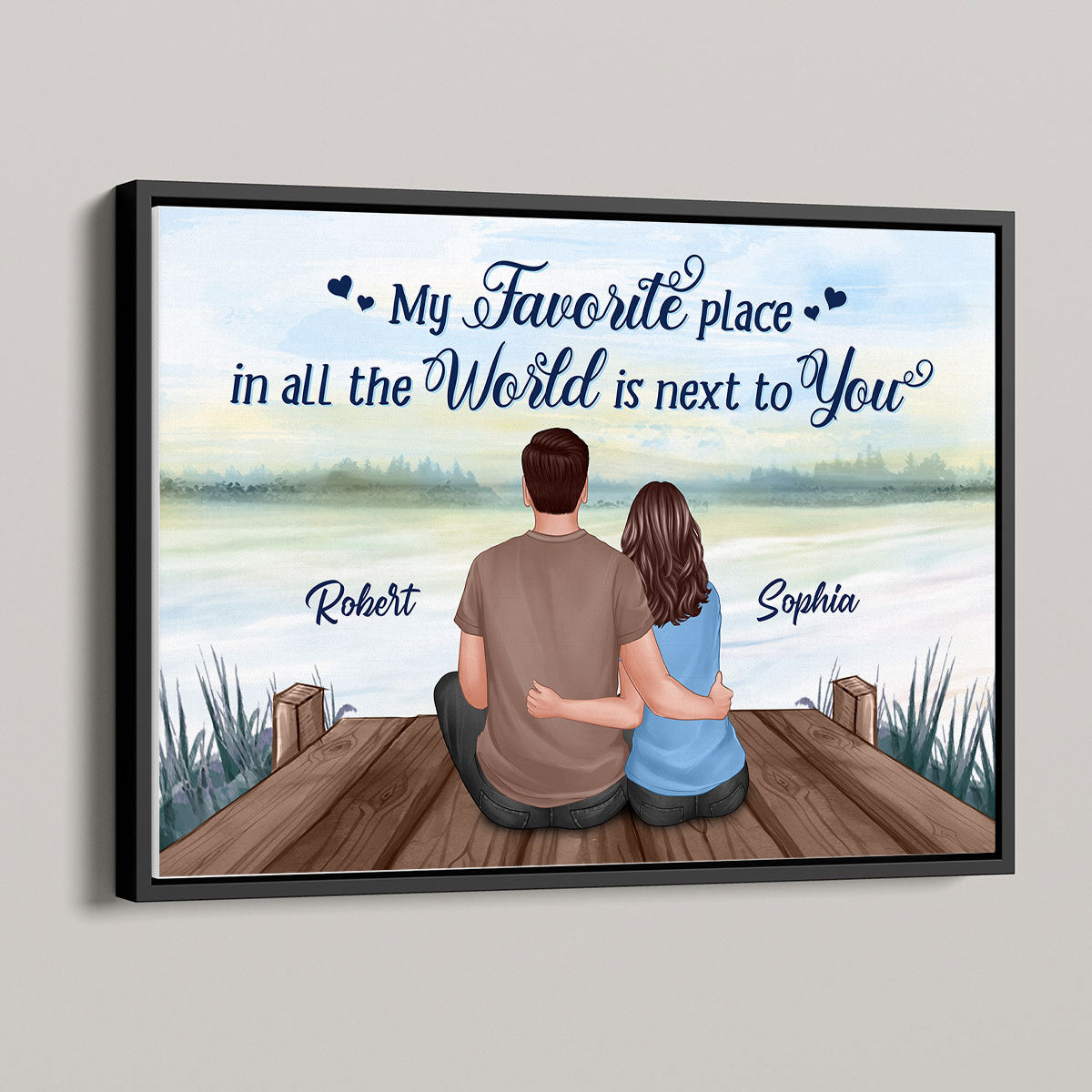 Couple Sitting Back View Lake Personalized Horizontal Poster