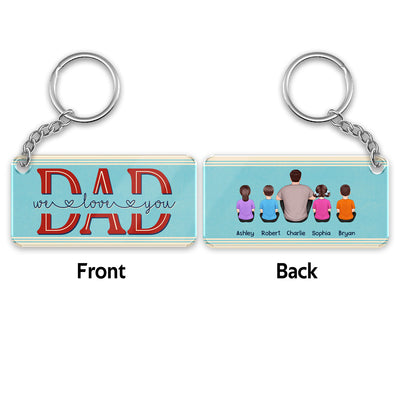Dad We Love You Blue Stripe Retro Back View Man Sitting With Kids Dog Cat Personalized Acrylic Keychain
