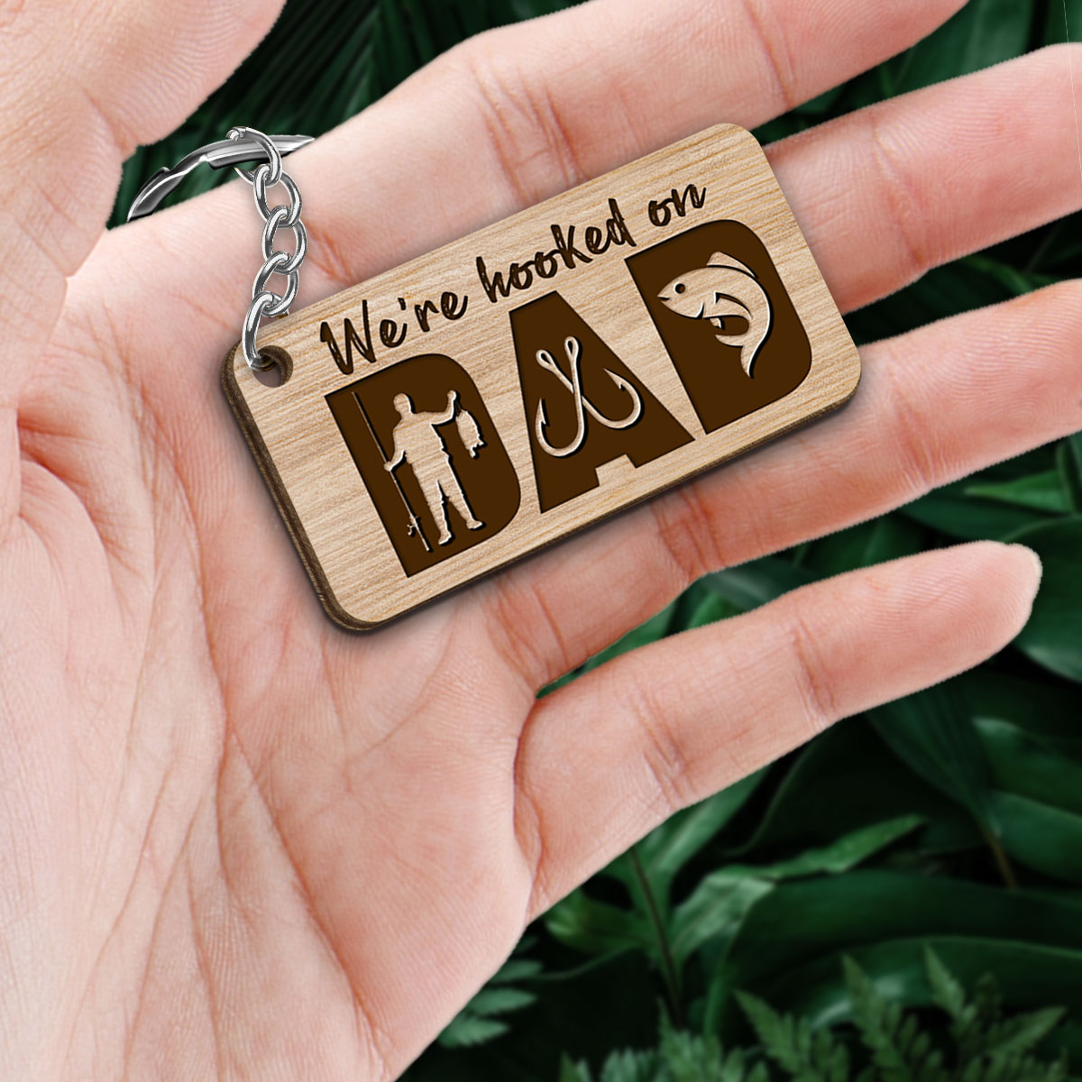 Hooked On Dad Fishing Back View Man Kids Personalized Wooden Keychain