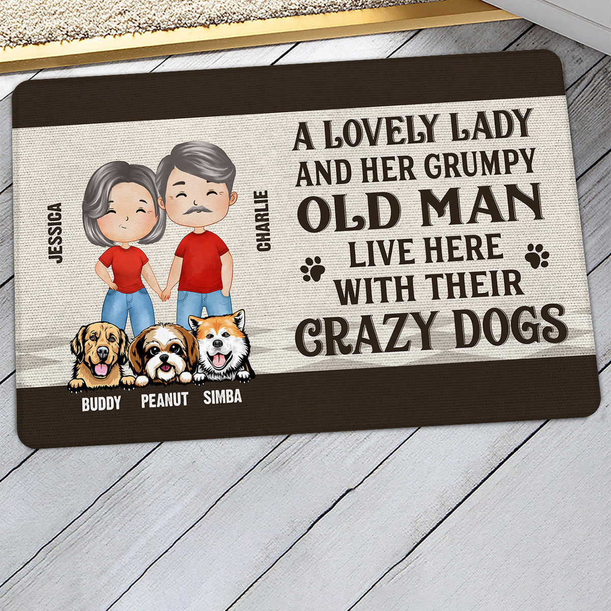 Lovely Lady Grumpy Old Man Watercolor Couple Dog Lovers Personalized Doormat