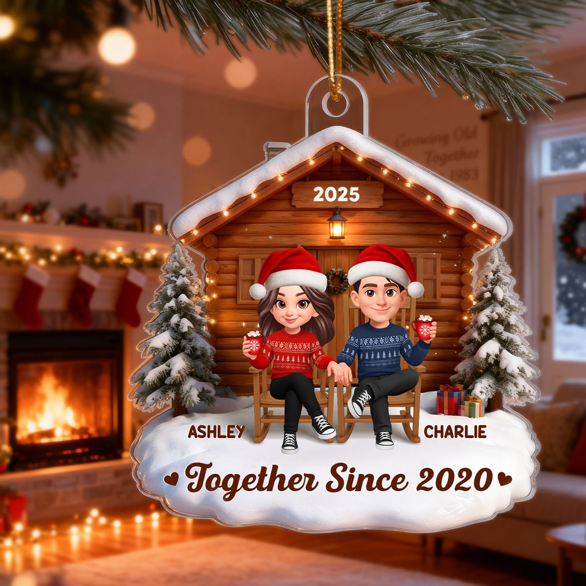 3D Effect Christmas Couple Cabin - Personalized Acrylic Ornament - Heartfelt Gift For Couple