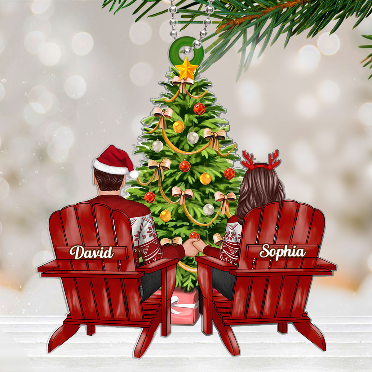 Back View Couple Sitting Christmas Personalized Acrylic Ornament