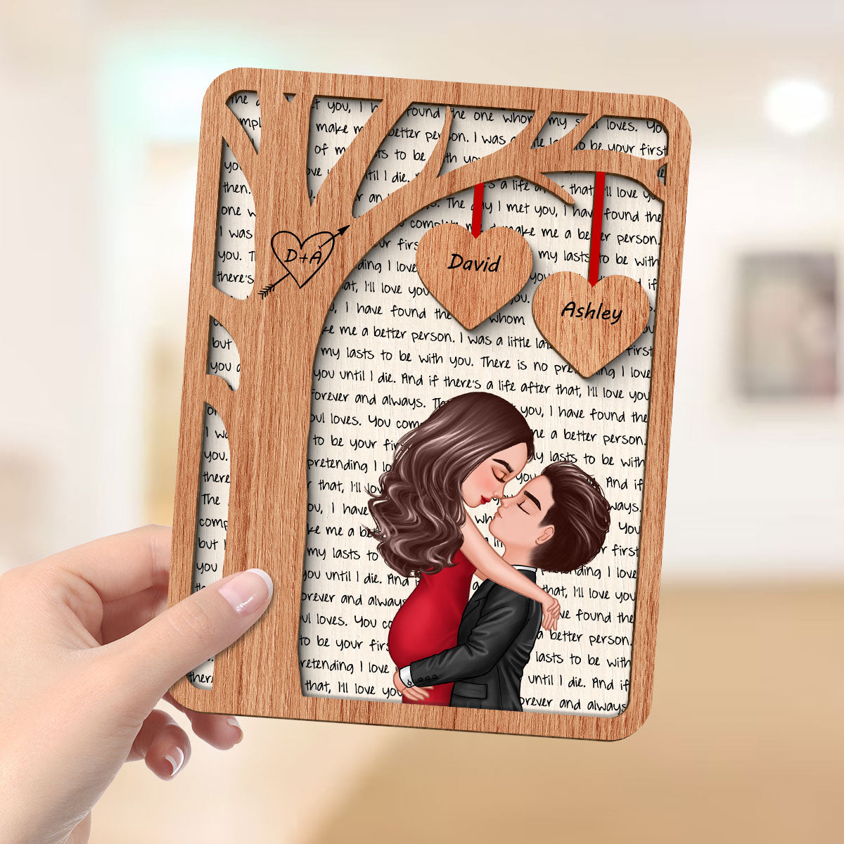 Couple Kissing Hugging Under Tree Letters Background Personalized 2-Layer Wooden Plaque