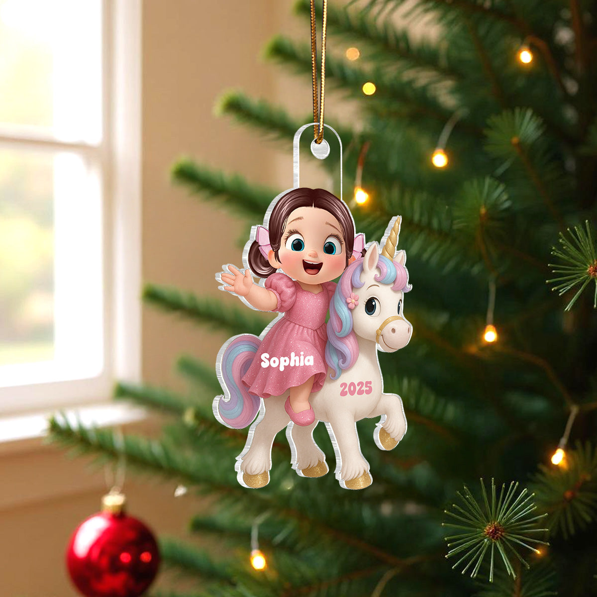 3D Effect Cute Cartoon Kid With Unicorn Christmas Personalized Flat Acrylic Ornament, Fun & Beautiful Gift For Kids, Grandkids