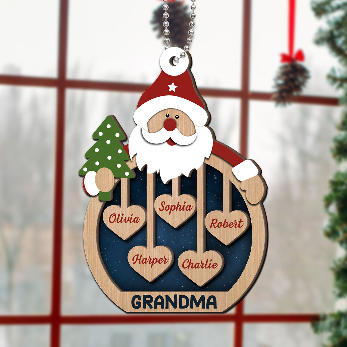 Grandma's Sweethearts Santa Claus Personalized Christmas 2-Layer Wooden Ornament
