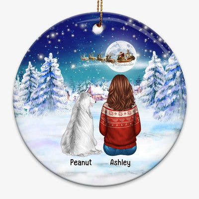 Woman And Dog Sitting Christmas Night Personalized Circle Ornament