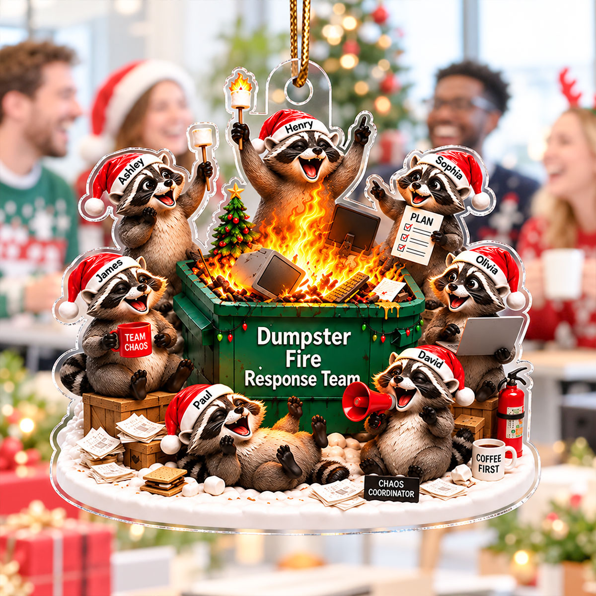 Dumpster Fire Response Team Funny Raccoons - Personalized Acrylic Ornament - Funny Christmas Gift For Colleagues, Coworkers, Boss