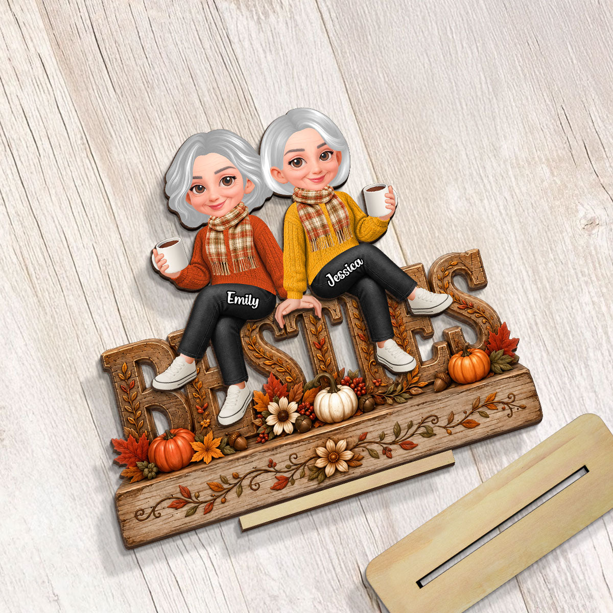 Floral Fall Season Besties Forever Friends Forever - Personalized 2-Layered Wooden Plaque - Fall Gift For Best Friends