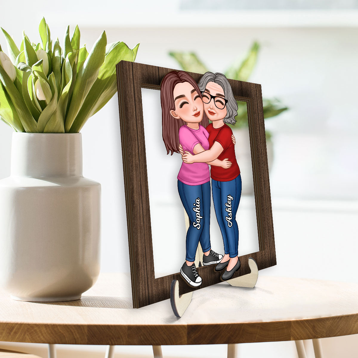Mom Hugging Daughter Son By Custom Occupation Firefighter, Nurse, Police Officer Personalized Wooden Plaque
