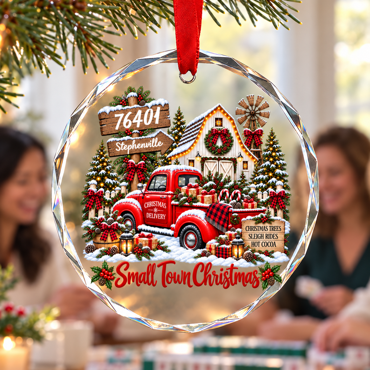 Custom Zip Code Small Town Christmas - Personalized Glass Ornament - Trendy Christmas Holiday Tee, Town Pride