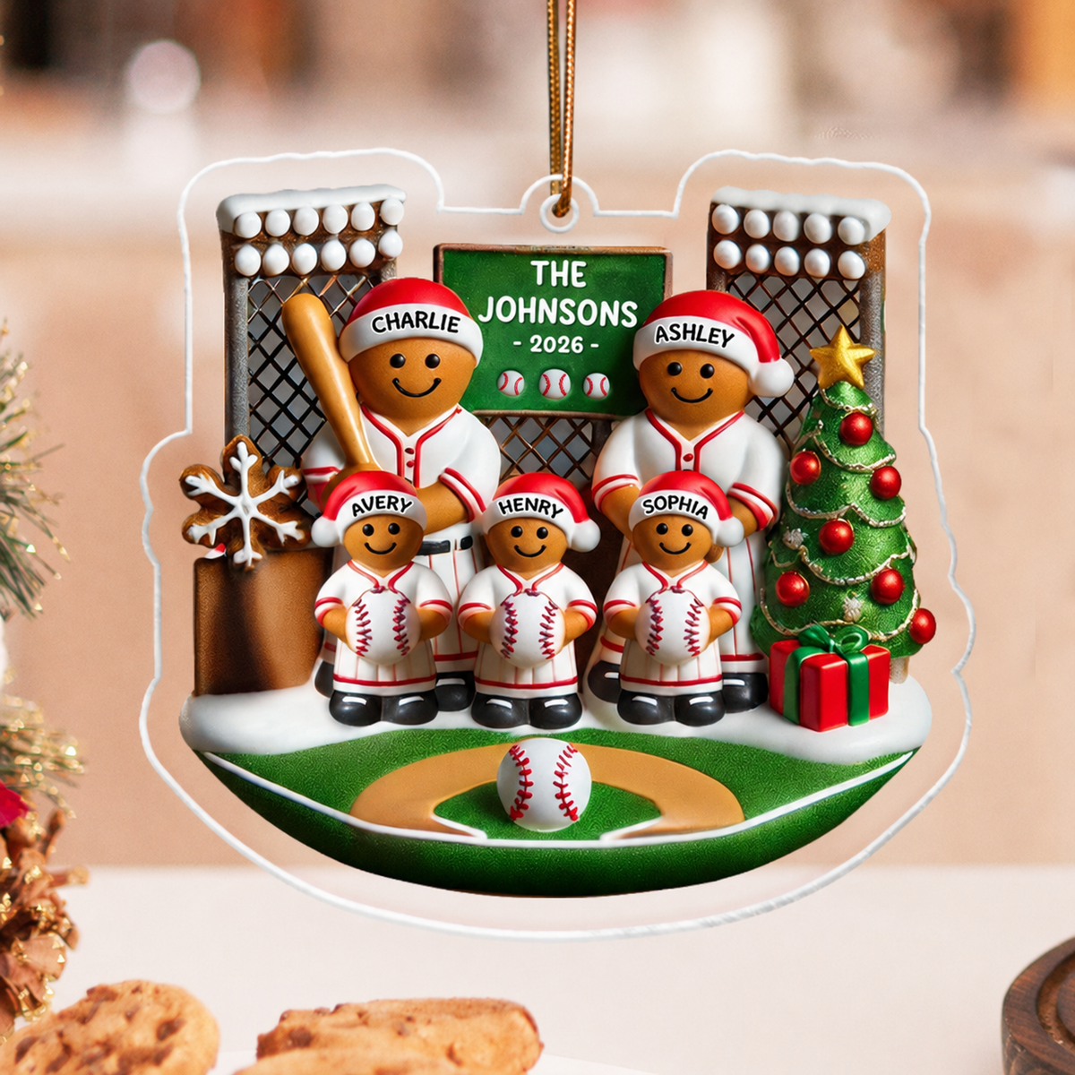 3D Effect Baseball Gingerbread Family On Field Sport Lover Personalized Acrylic Ornament