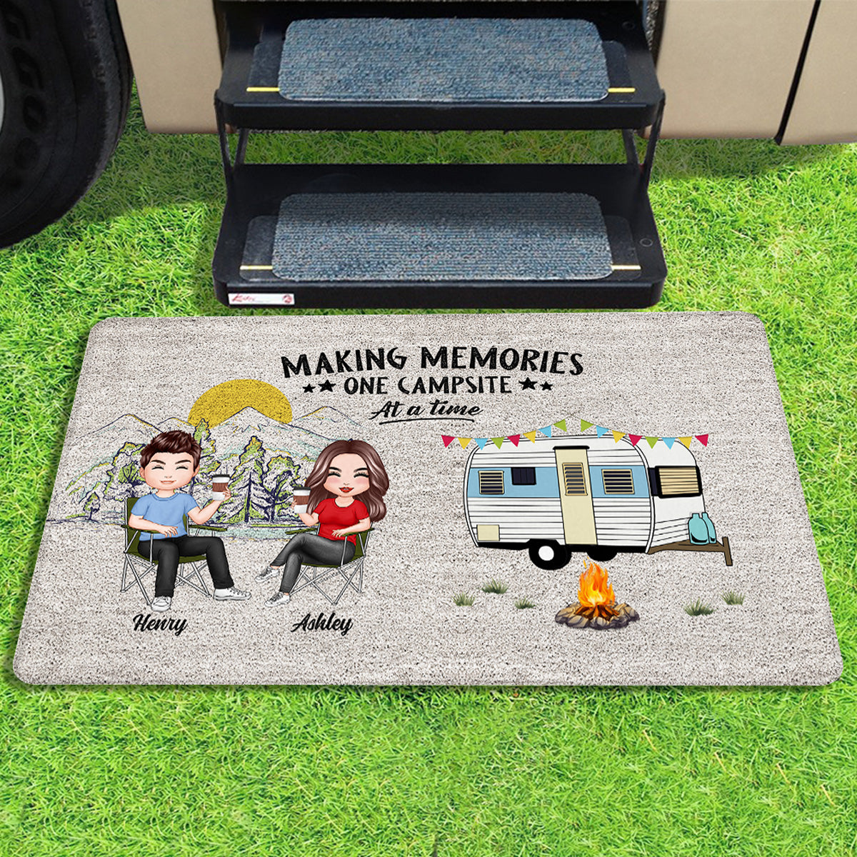 Home Is Where We Park It Doll Family Camping Personalized Doormat