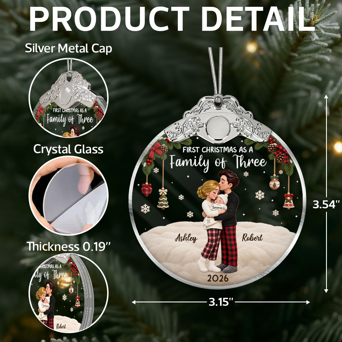 Our First Christmas As Family Of Three - Personalized Glass Ornament With Silver Cap - Christmas Tree Keepsake For New Parents