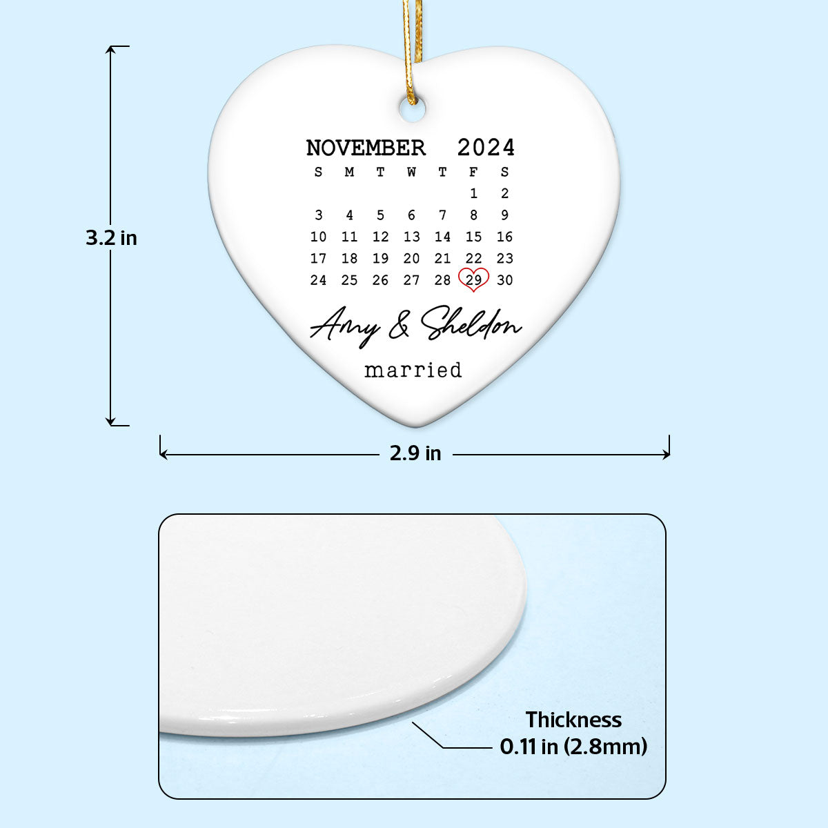 Couple Married Wedding Date Calendar Personalized Ceramic Heart Ornament, Wedding Gift,  Anniversary Gift, Our First Christmas, Newlywed Gift, Wedding Gift