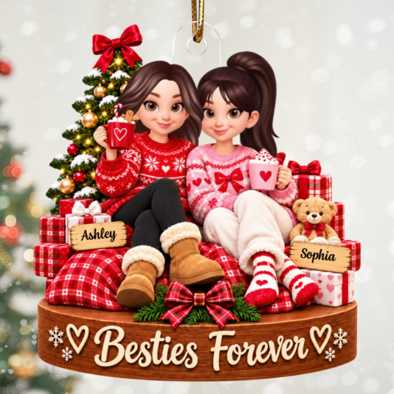 Besties Forever Custom Names Christmas Girls - Personalized Acrylic Ornament - Christmas Gift For Best Friends, Besties, BFF, Soul Sisters